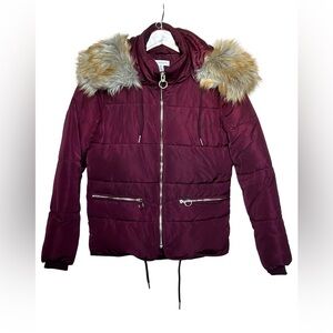 TOPSHOP Puffer Coat Detachable Faux Fur & Hood Bordeaux Red Women’s Size 2.